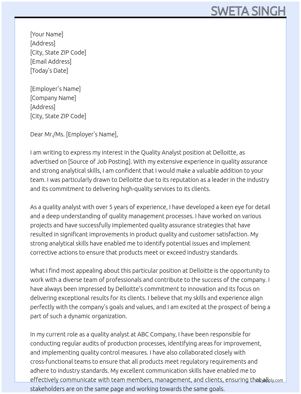 Quality Analyst At Delloite Cover Letter