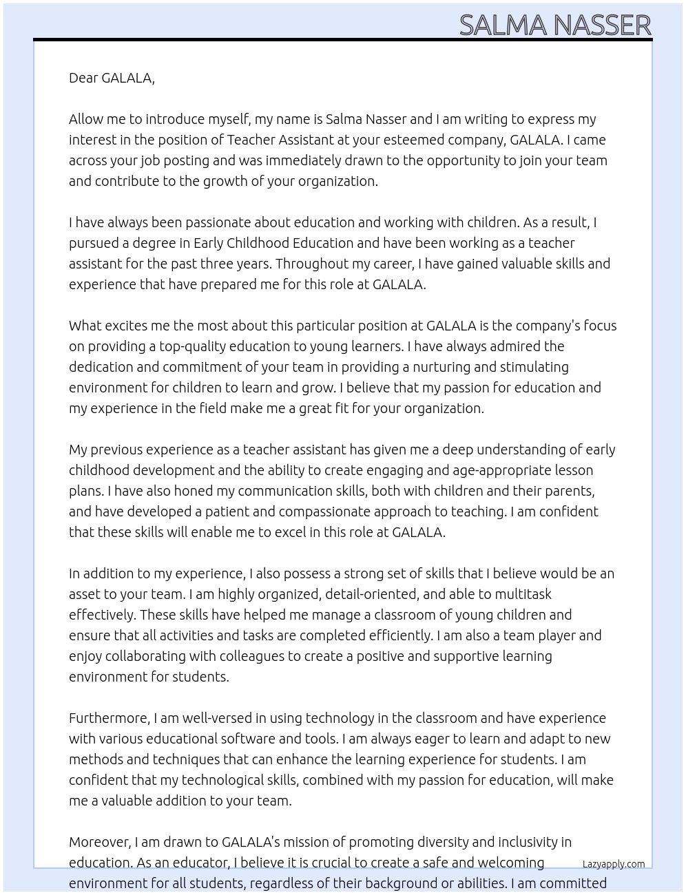 Teacher assistant  At GALALA Cover Letter