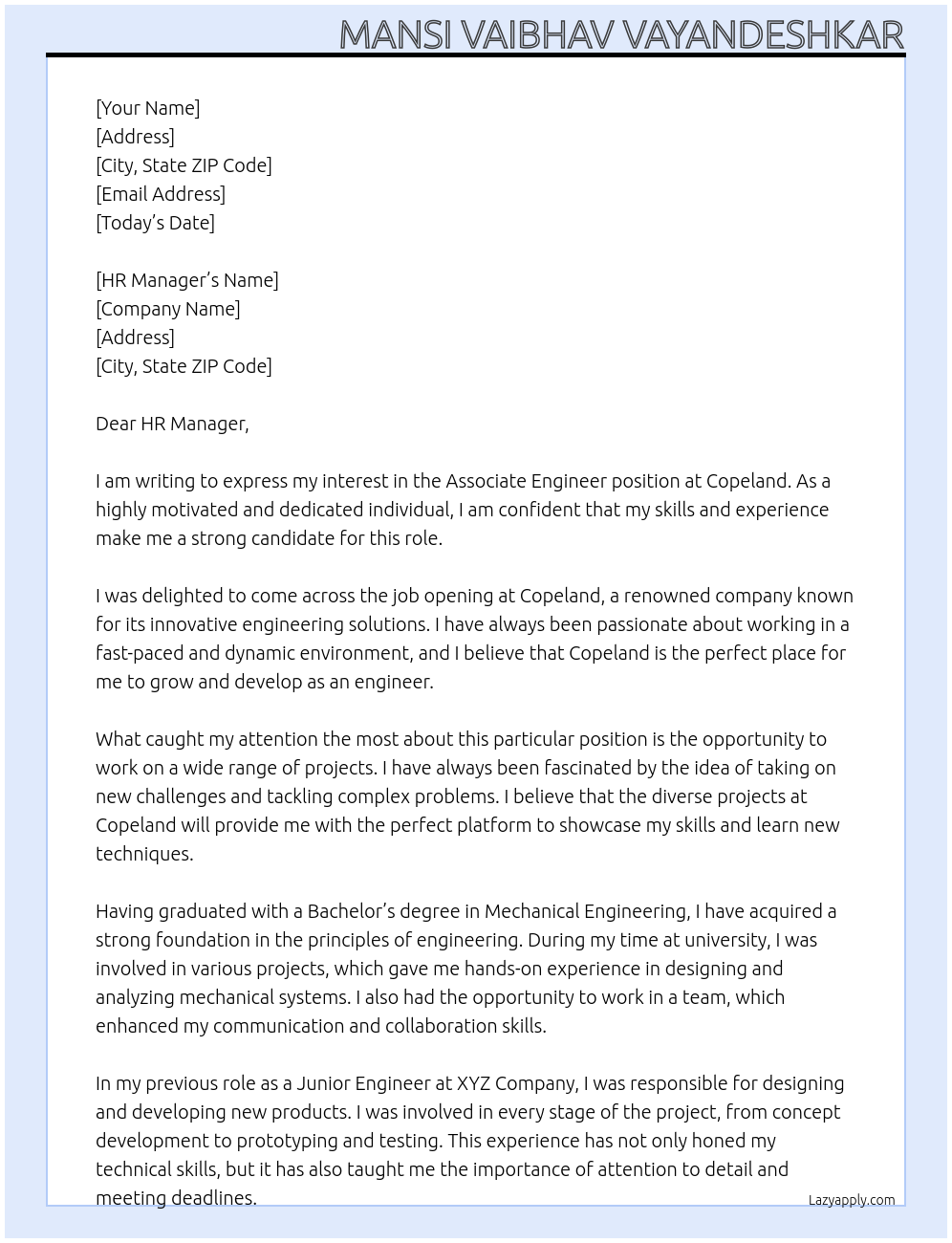 Associate Engineer At Copeland Cover Letter