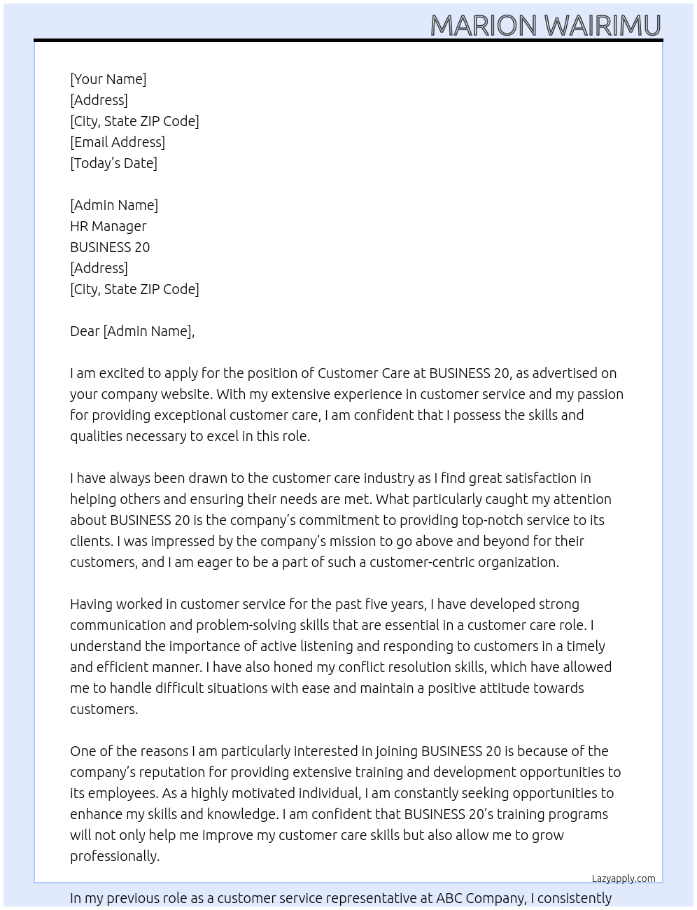 customer care At BUSINESS 20 Cover Letter