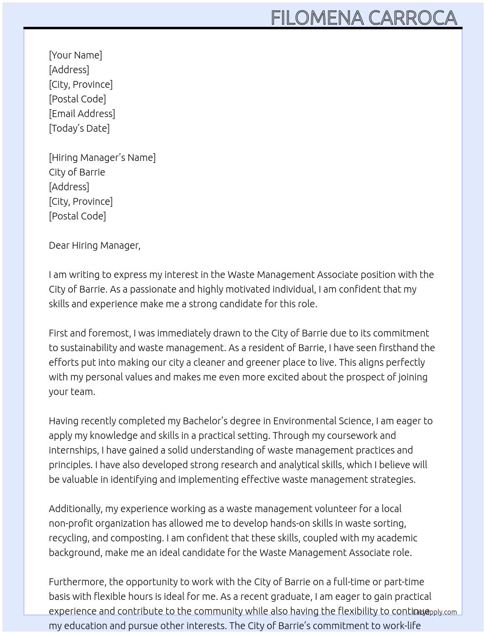 Cover letter for waste management associate - LazyApply