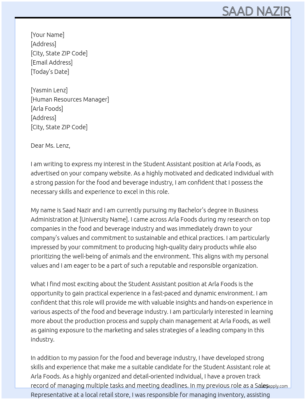 Student Assistant At Arla Foods Cover Letter