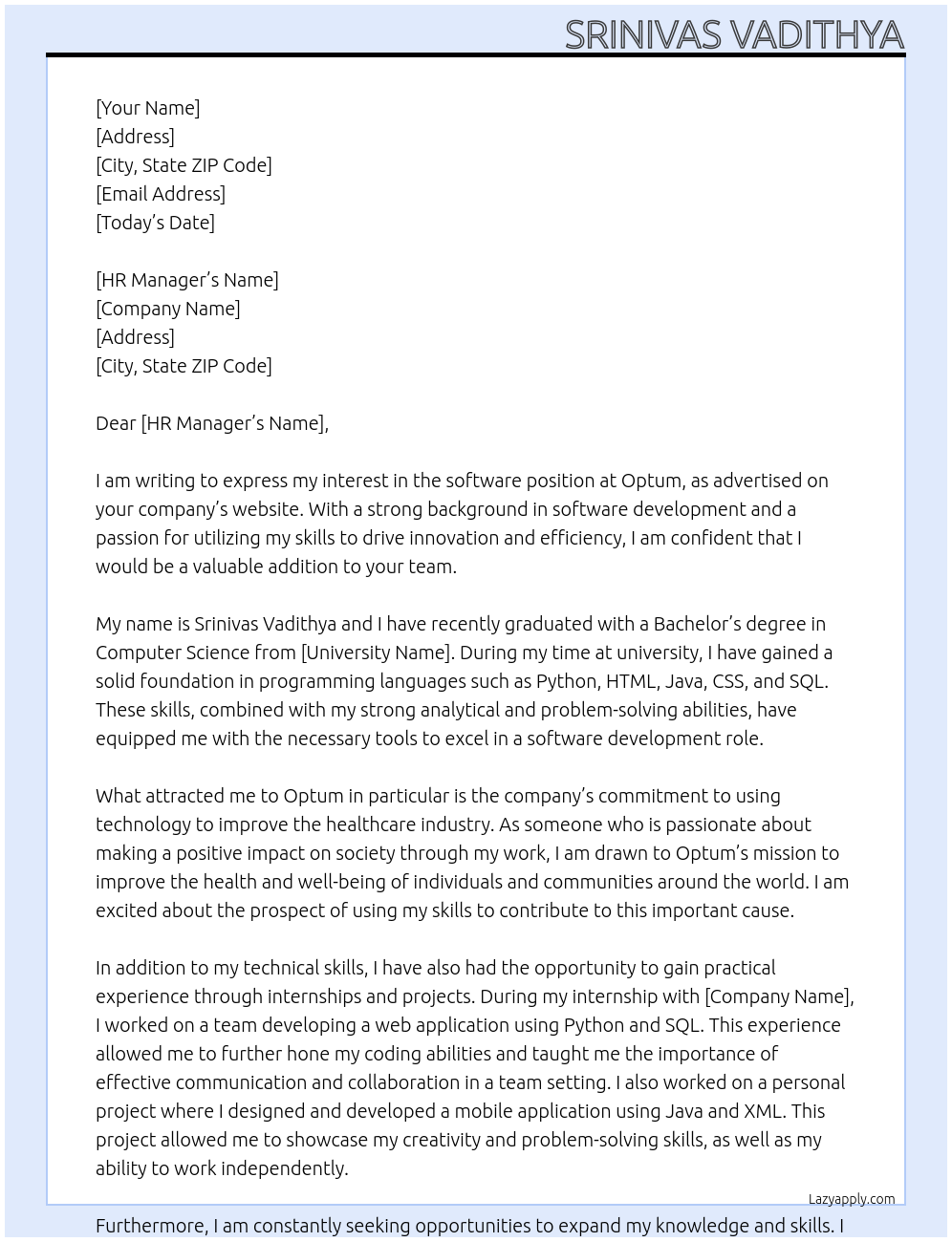 software At optum Cover Letter