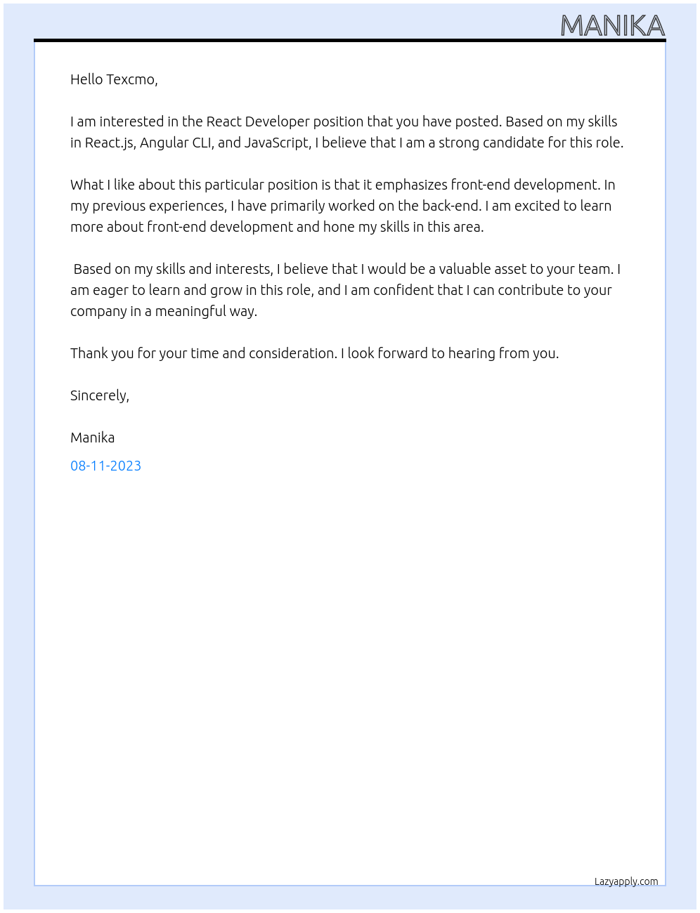 react developer At texcmo Cover Letter