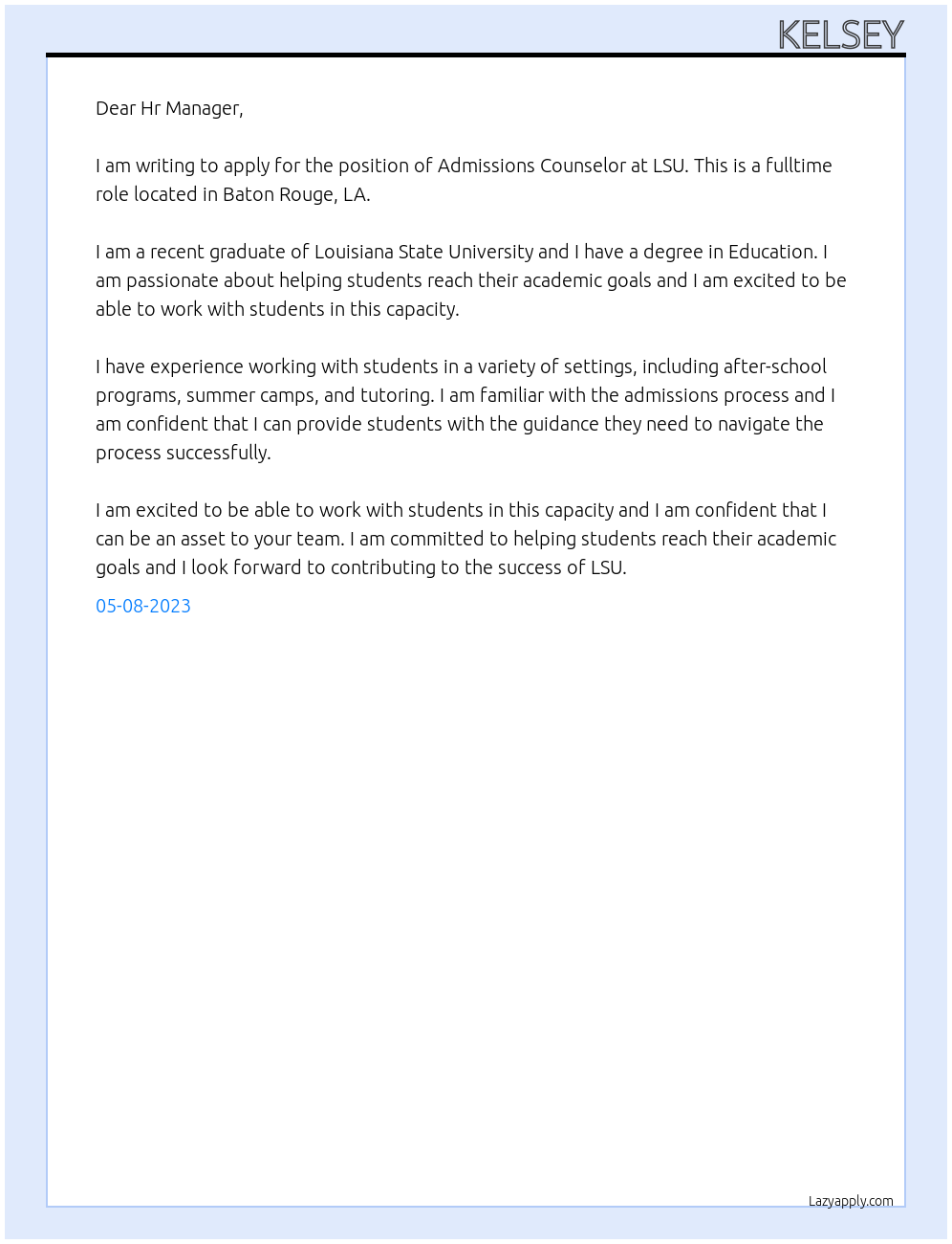 Admissions Counselor At LSU Cover Letter