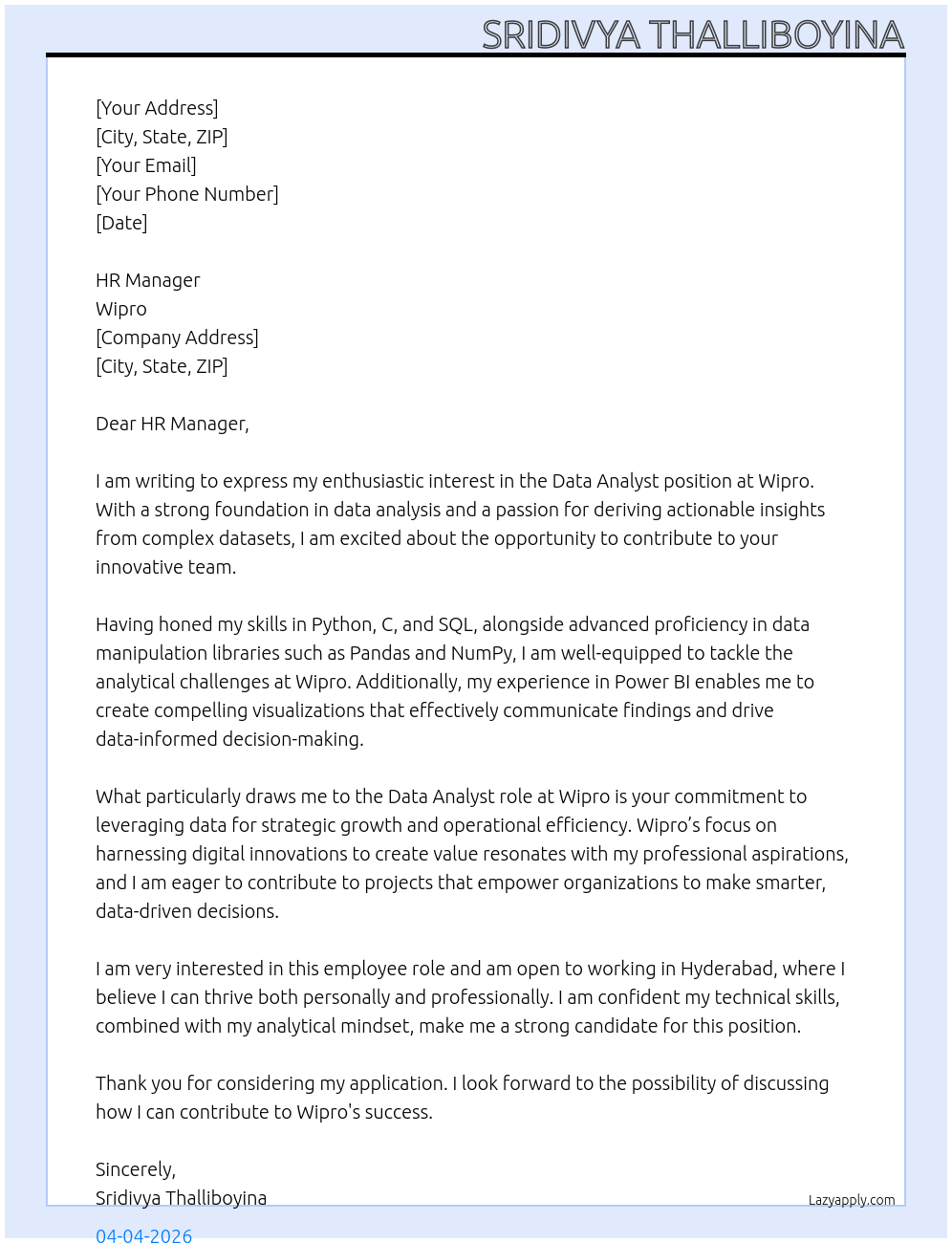 Data analyst  At Wipro  Cover Letter