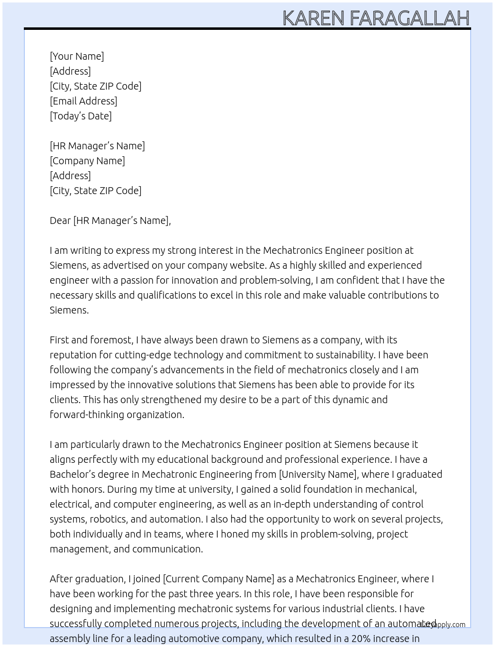 mechatronics engineer At seimens Cover Letter