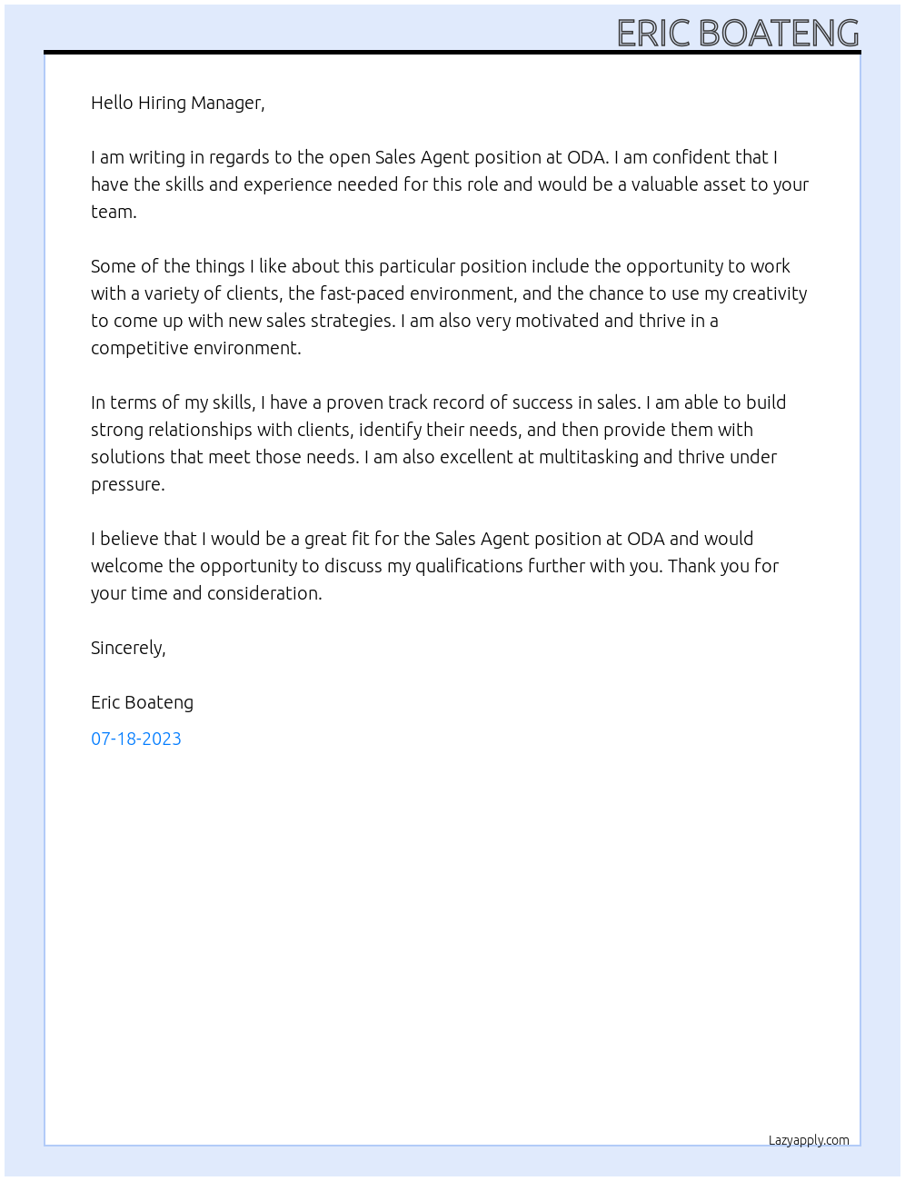 sales agent At ODA Cover Letter