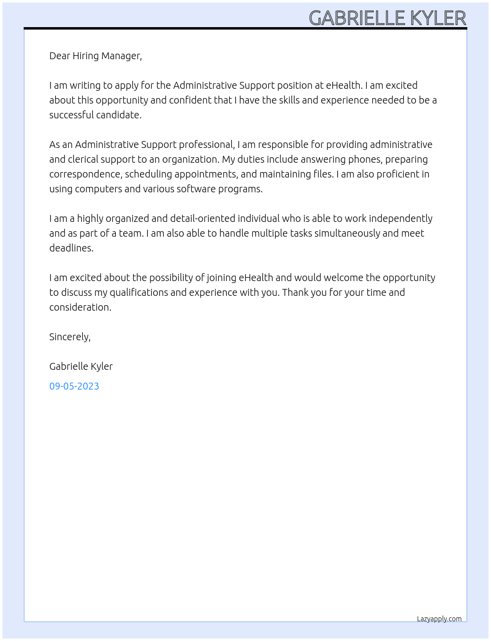 Administrative support At eHealth Cover Letter