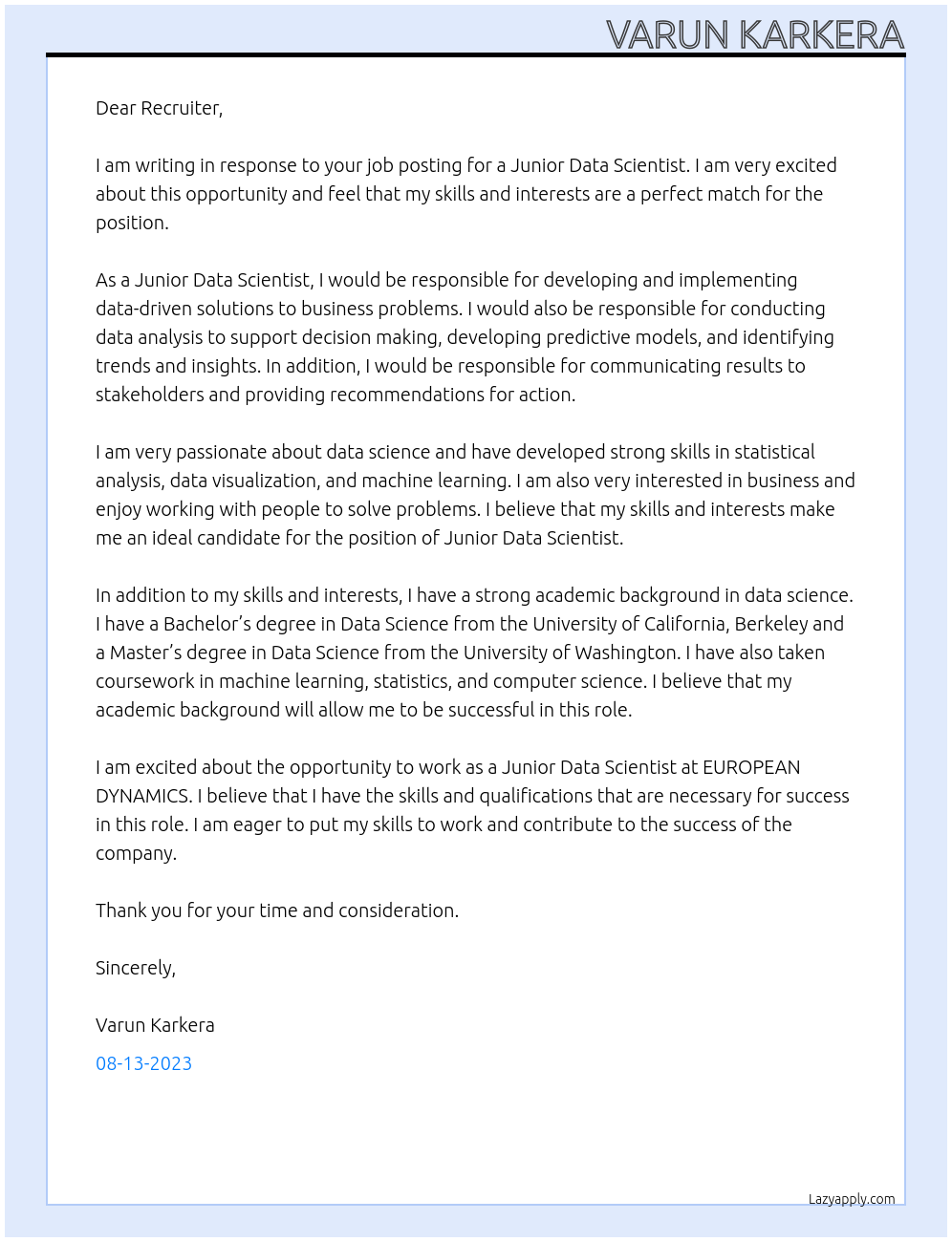 Junior Data Scientist At EUROPEAN DYNAMICS Cover Letter