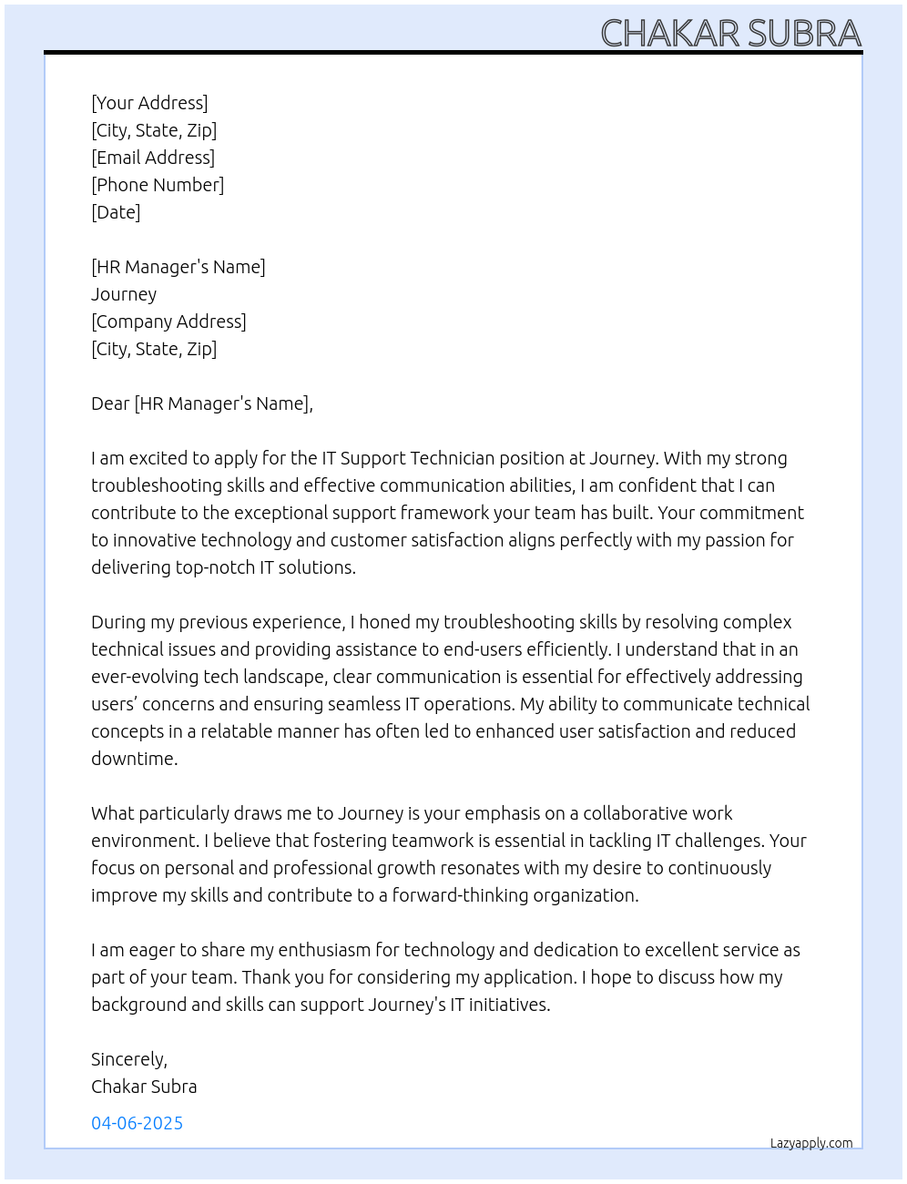 IT Support Technician At Journey Cover Letter
