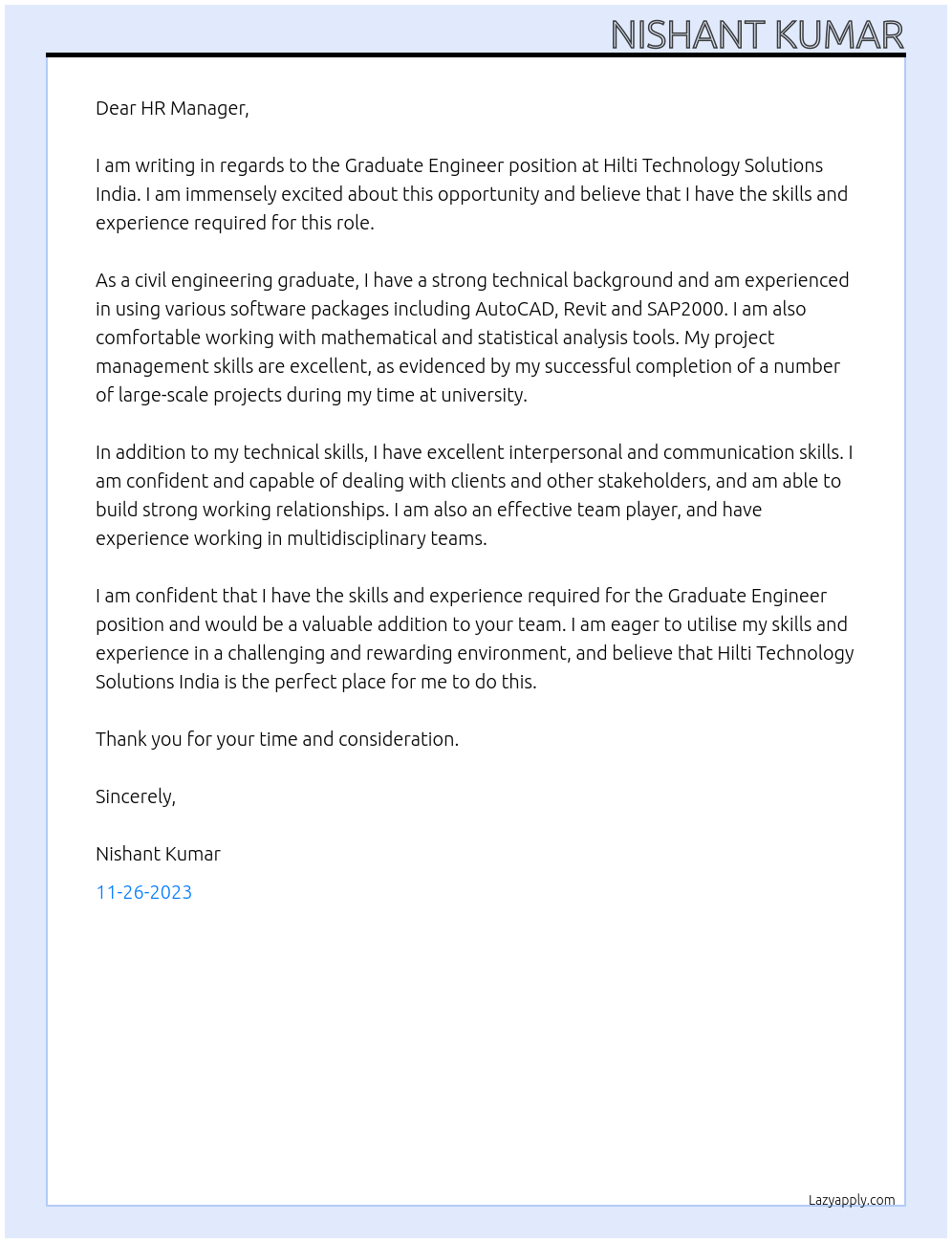 Graduate Engineer At Hilti Technology Solutions India Cover Letter