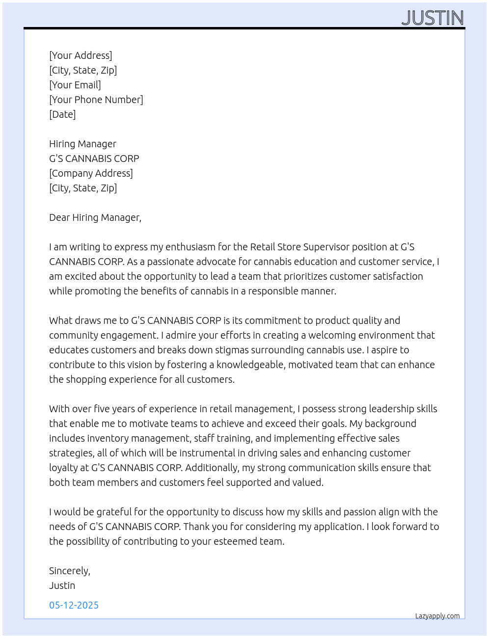 Retail Store Supervisor At G'S CANNABIS CORP Cover Letter