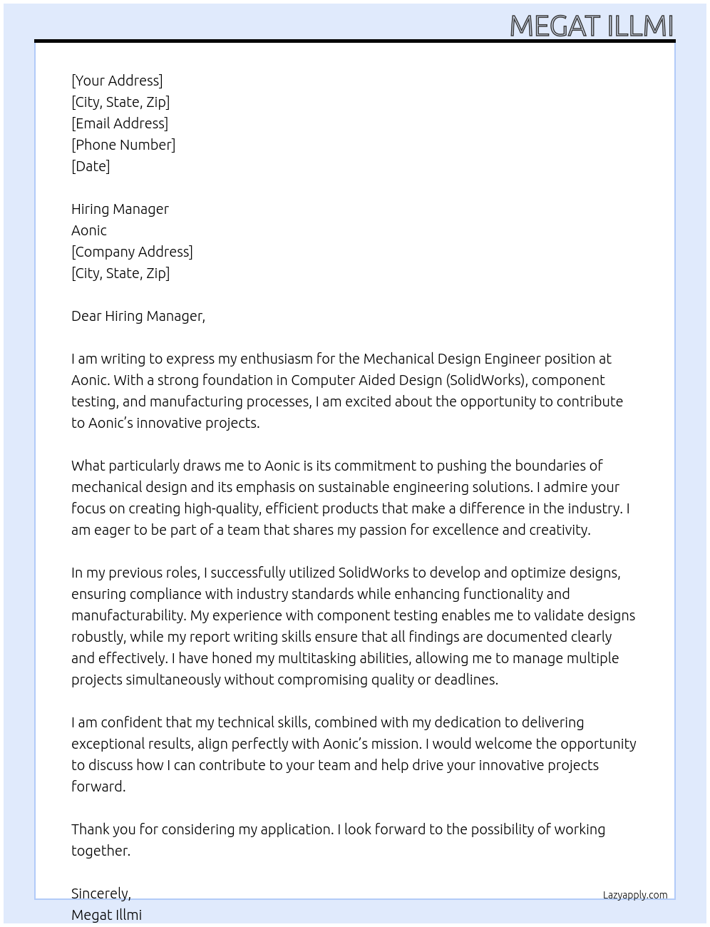 Mechanical Design Engineer At Aonic Cover Letter