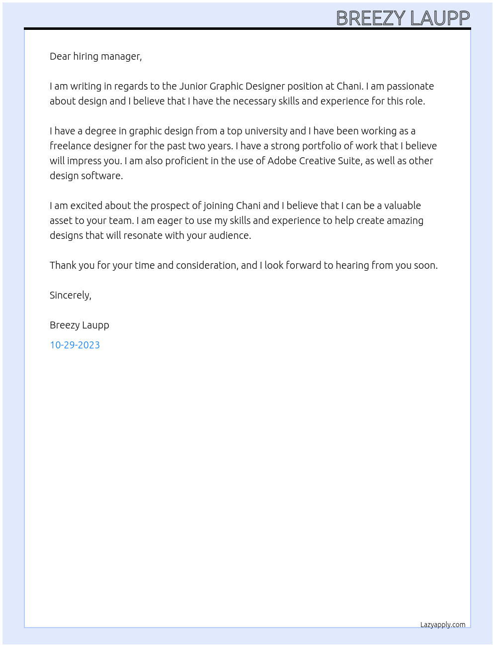 Junior Graphic Designer At Chani Cover Letter