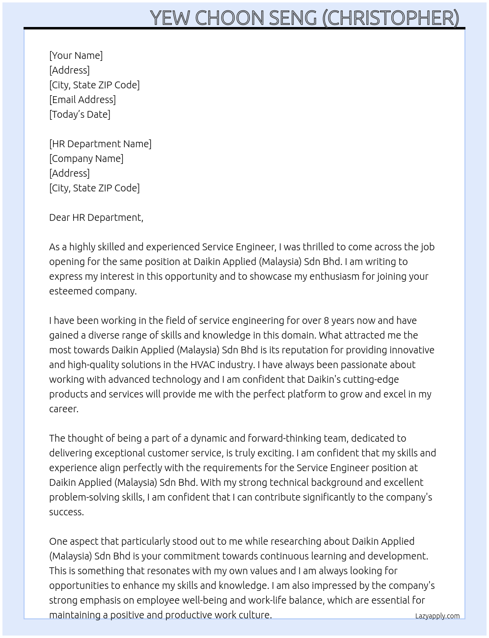 Service engineer At DAIKIN APPLIED (MALAYSIA) SDN BHD Cover Letter