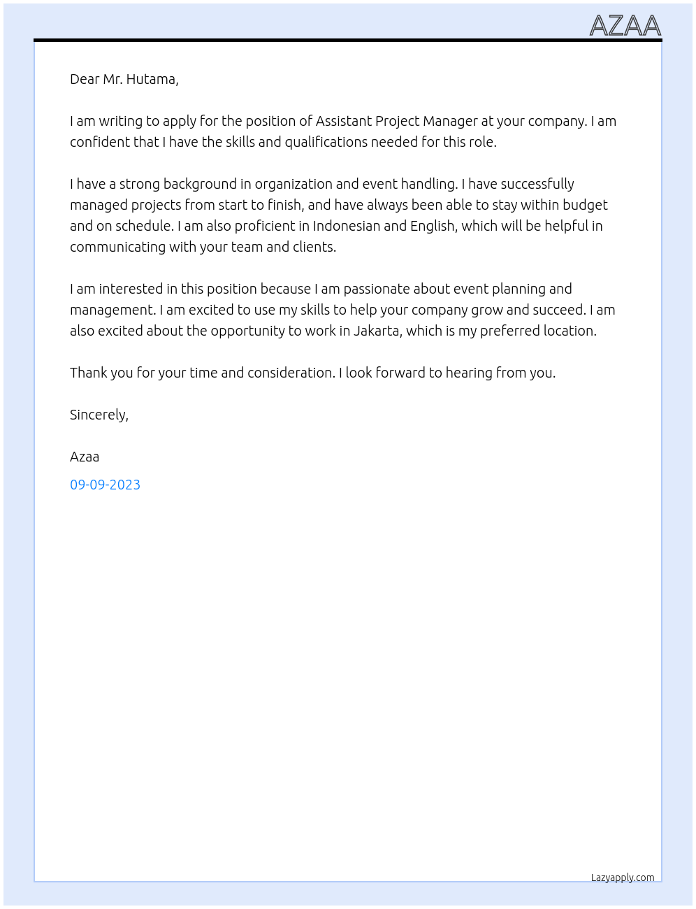 Assistant Project Manager At hutama Cover Letter