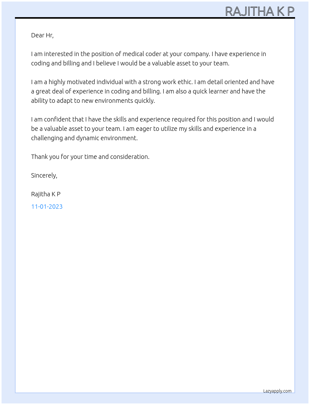 Medical coder At Medical billing wholesalers Cover Letter