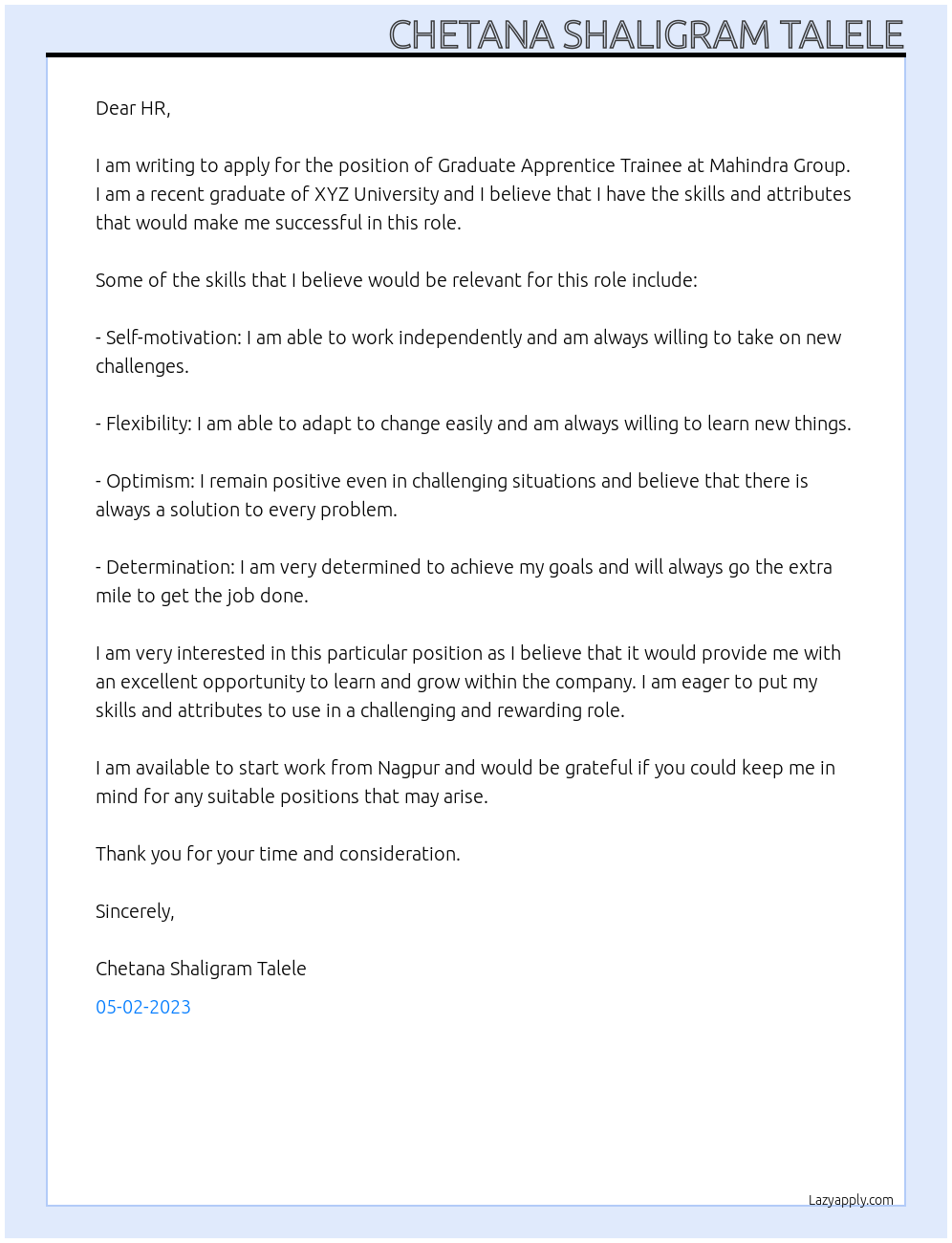 Graduate Apprentice Trainee At Mahindra Group Cover Letter