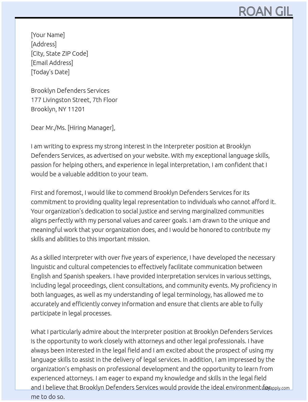 Interpreter At Brooklyn Defenders Services Cover Letter