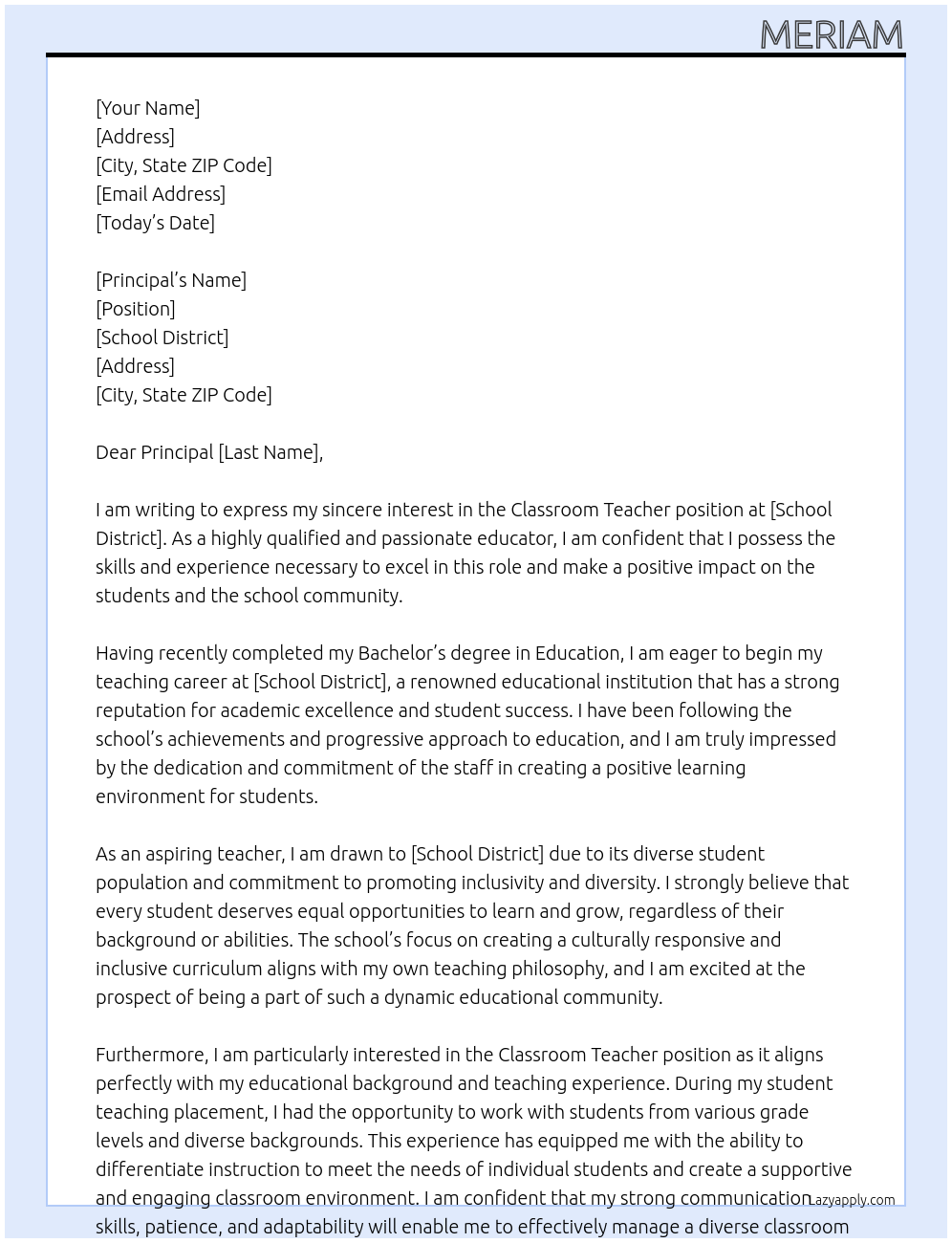 Classroom teacher At School District Cover Letter