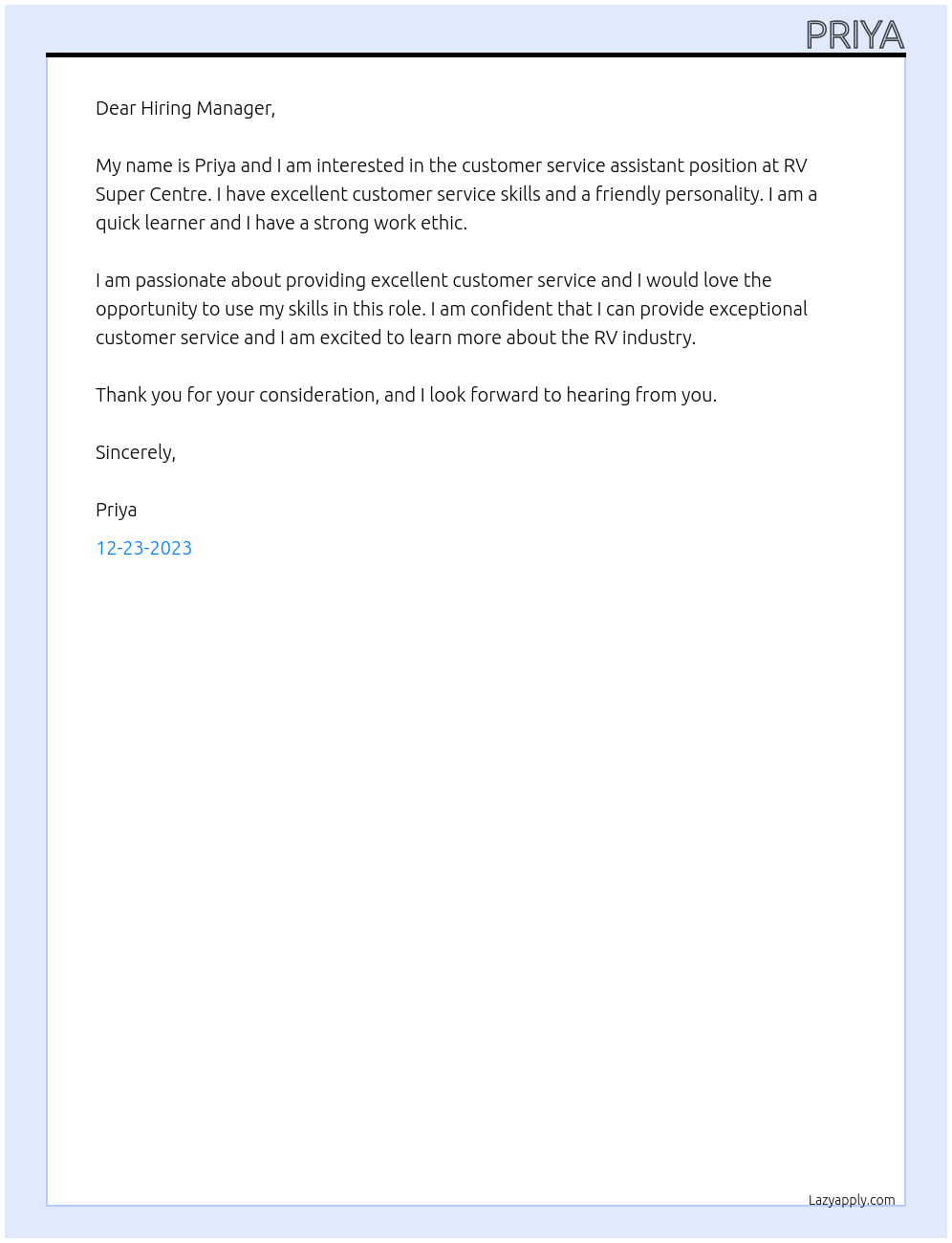 customer service assistant At RV super centre Cover Letter