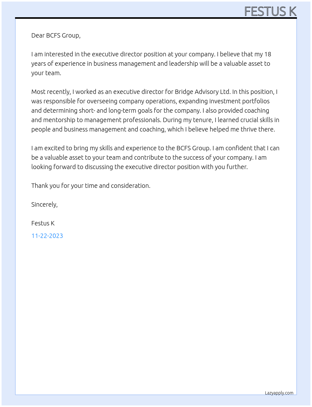 EXECUTIVE DIRECTOR At BCFS GROUP Cover Letter