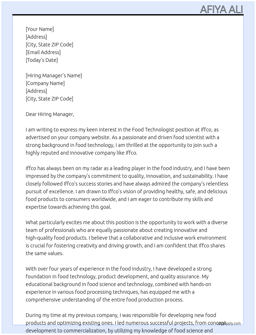 Food technologist  At Iffco Cover Letter