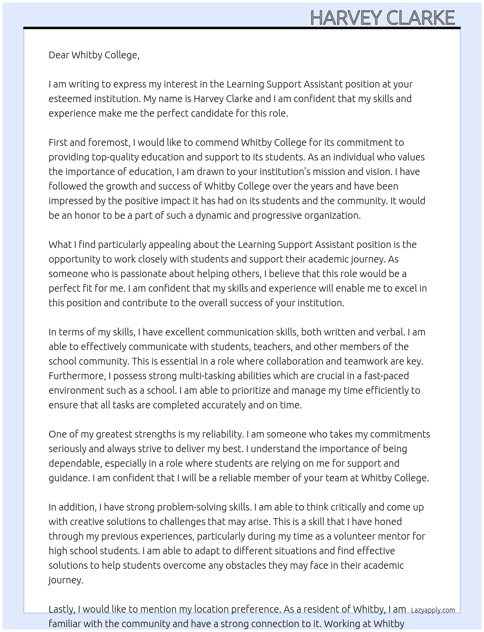 Learning support assistant At Whitby college Cover Letter