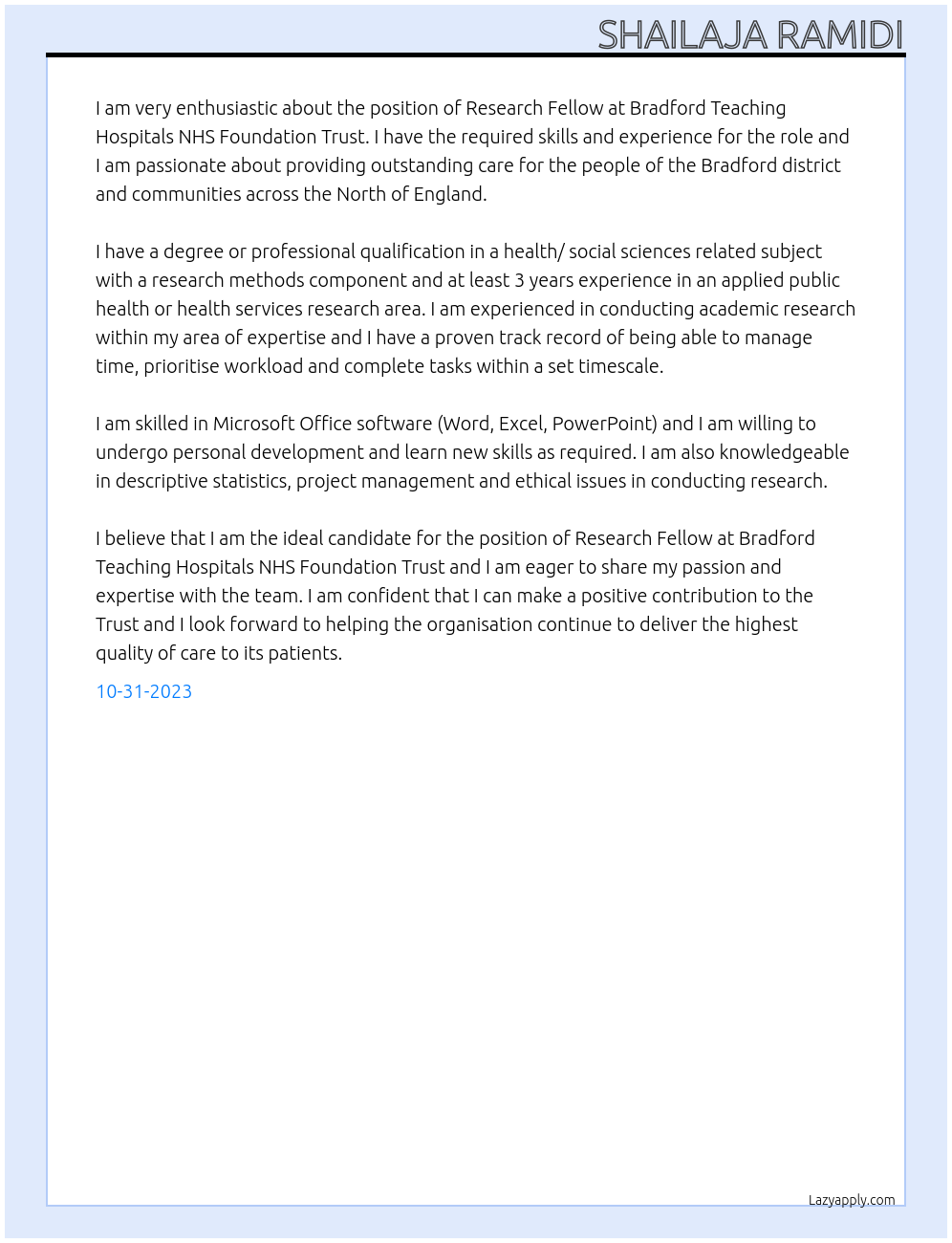 Research Fellow At Bradford Teaching Hospitals NHS Foundation Trust Cover Letter