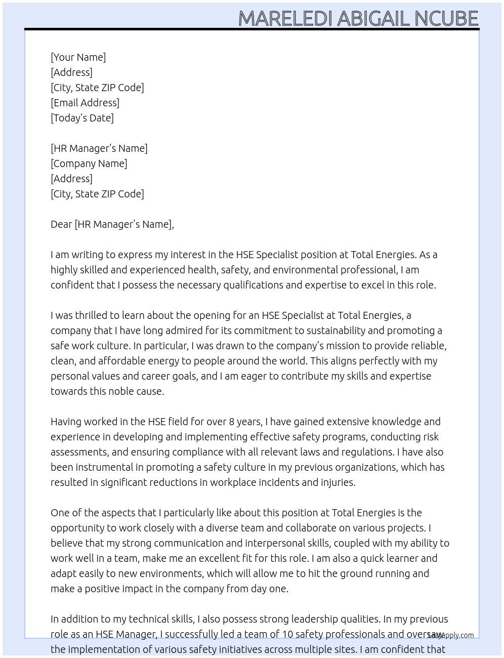 HSE Specialist - At Total Energies Cover Letter