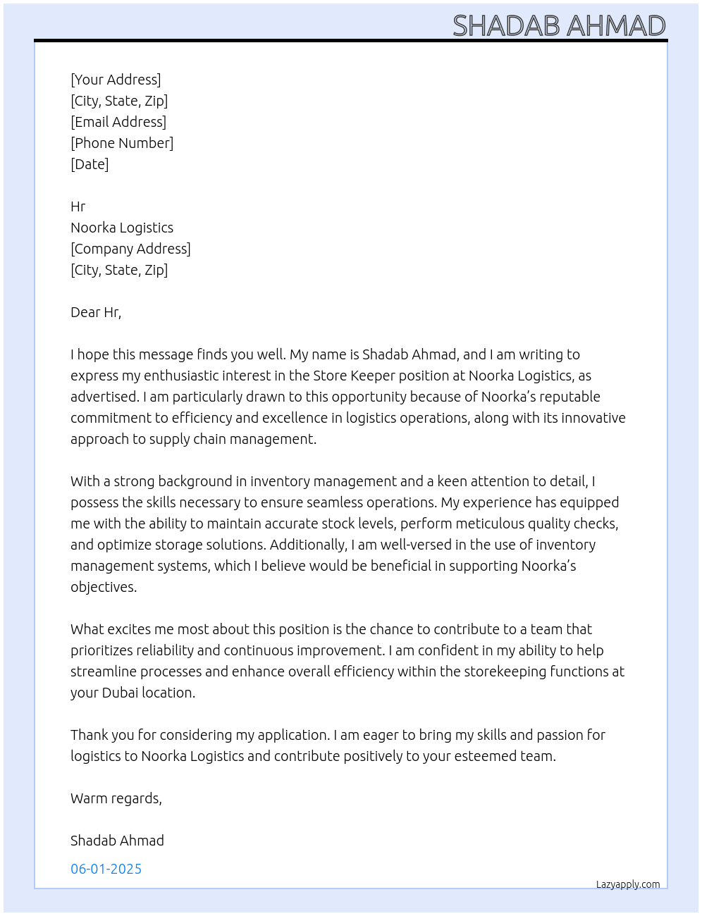 Store keeper At Noorka logistics Cover Letter