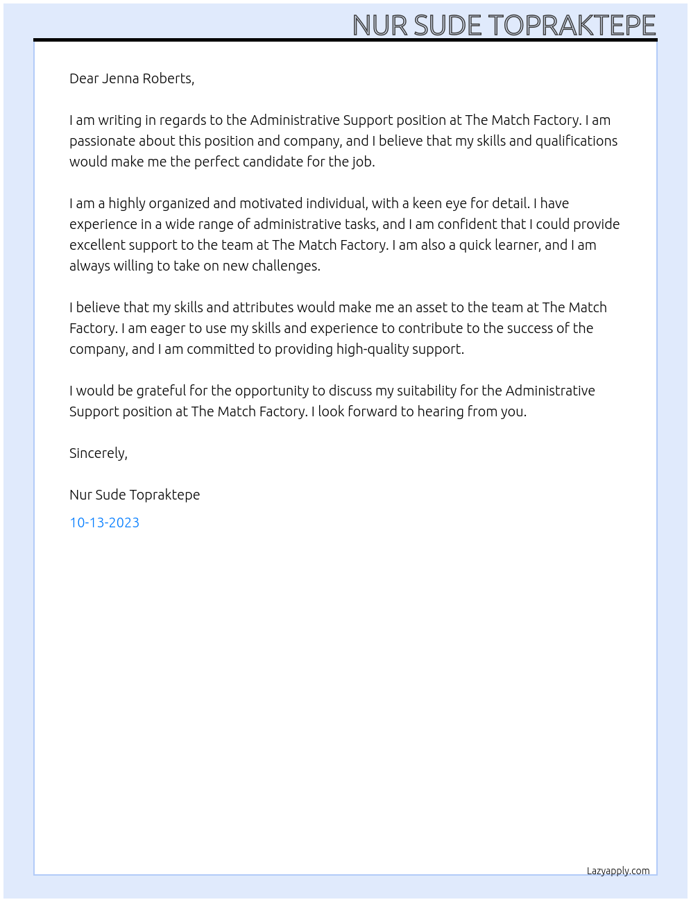 Administrative Support At The Match Factory Cover Letter