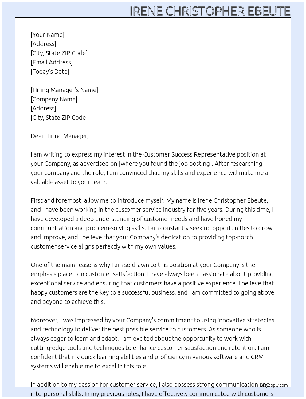 Customer Success Representative At your Company Cover Letter