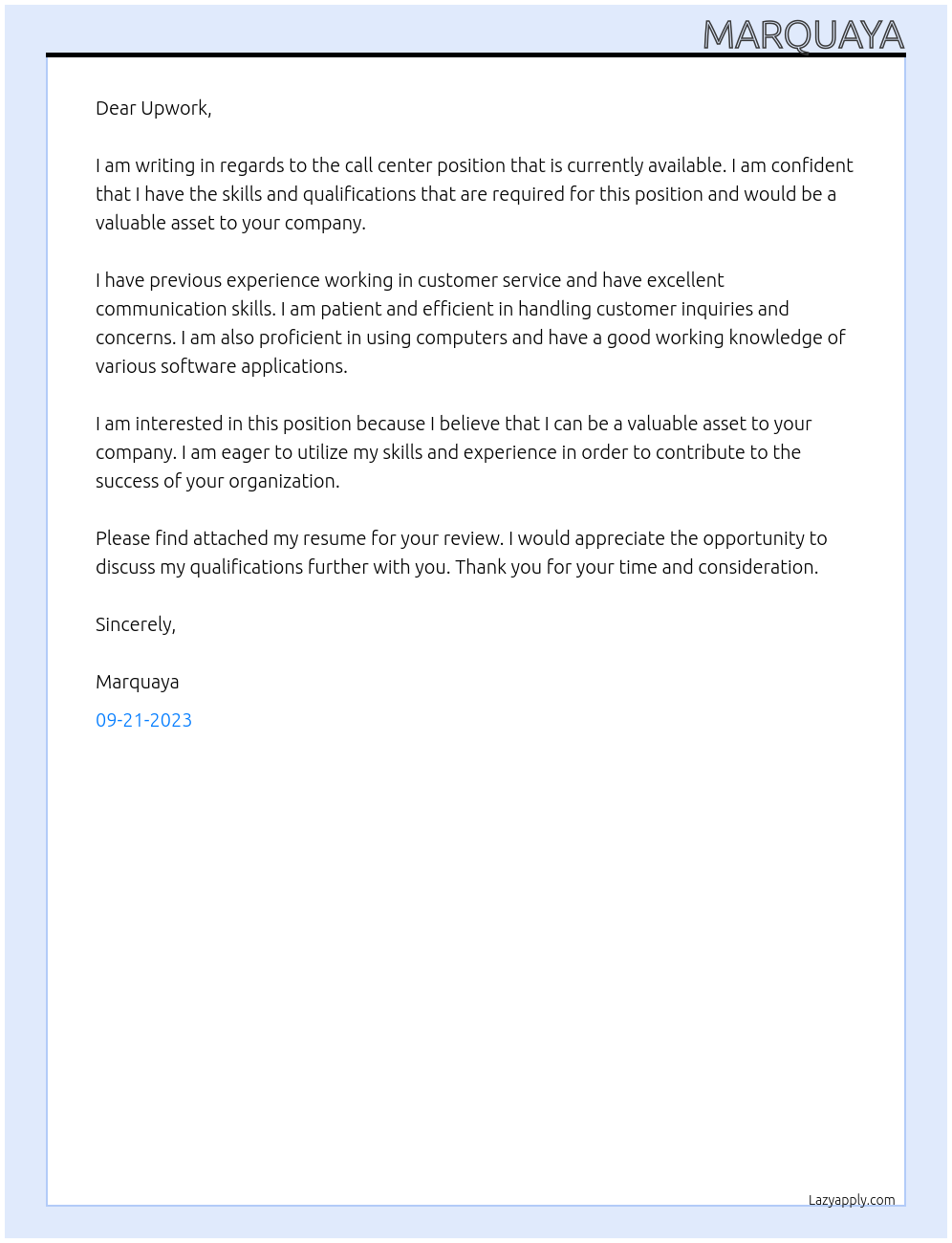 Call center At Upwork Cover Letter
