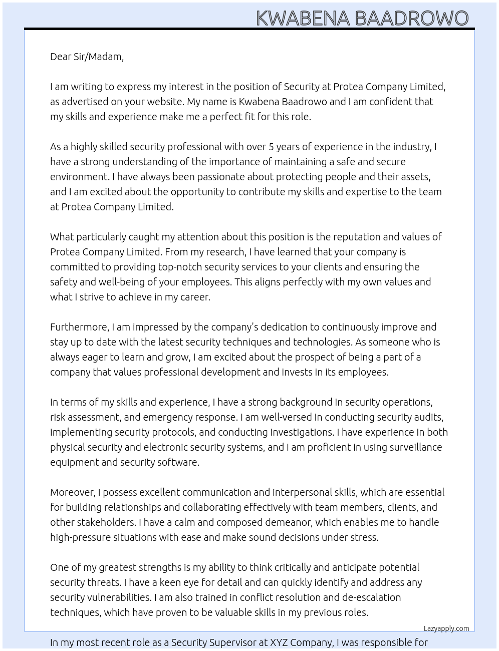 SECURITY At protea company company limited Cover Letter