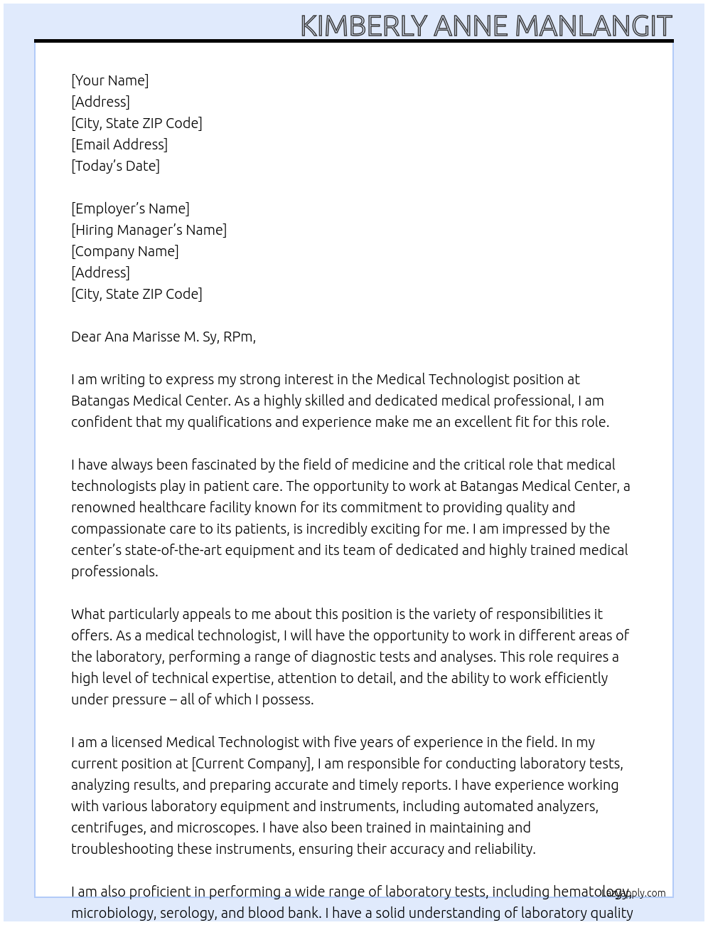 medical technologist At Batangas Medical Center  Cover Letter