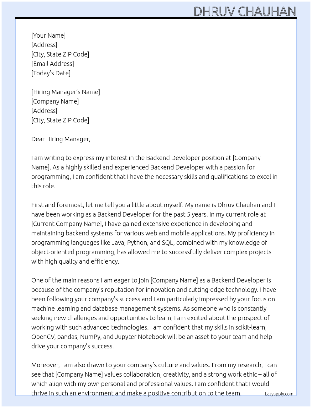 Backend Developer At Backend Developer Cover Letter