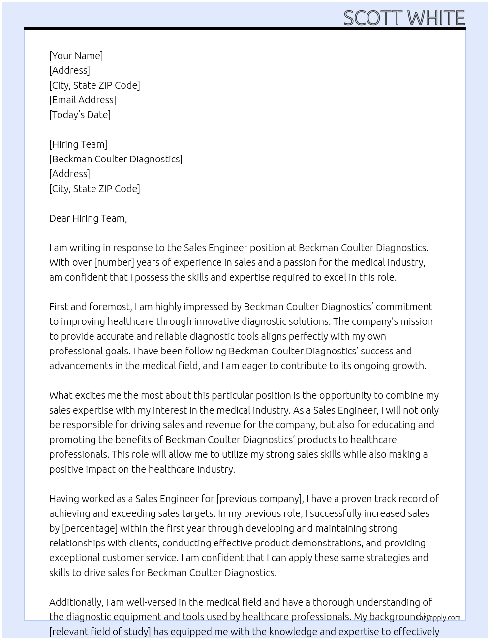 Sales Engineer At Beckman Coulter Diagnostics Cover Letter