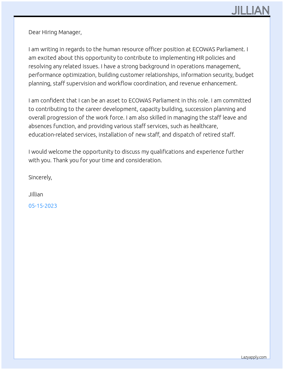 human resource officer At ECOWAS PARLIMENT Cover Letter