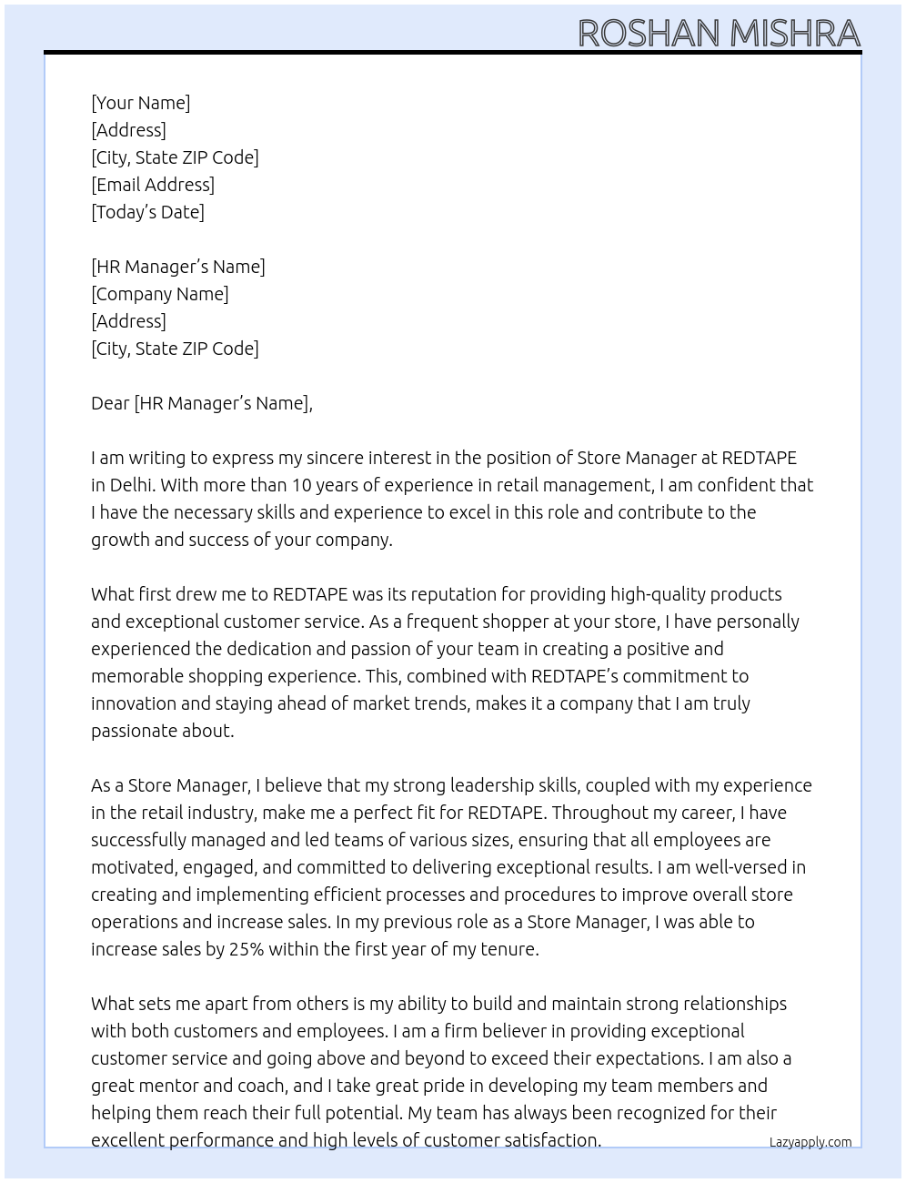 manger At REDTAPE Cover Letter