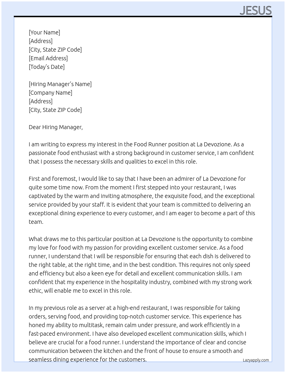 Food Runner At La Devozione Cover Letter