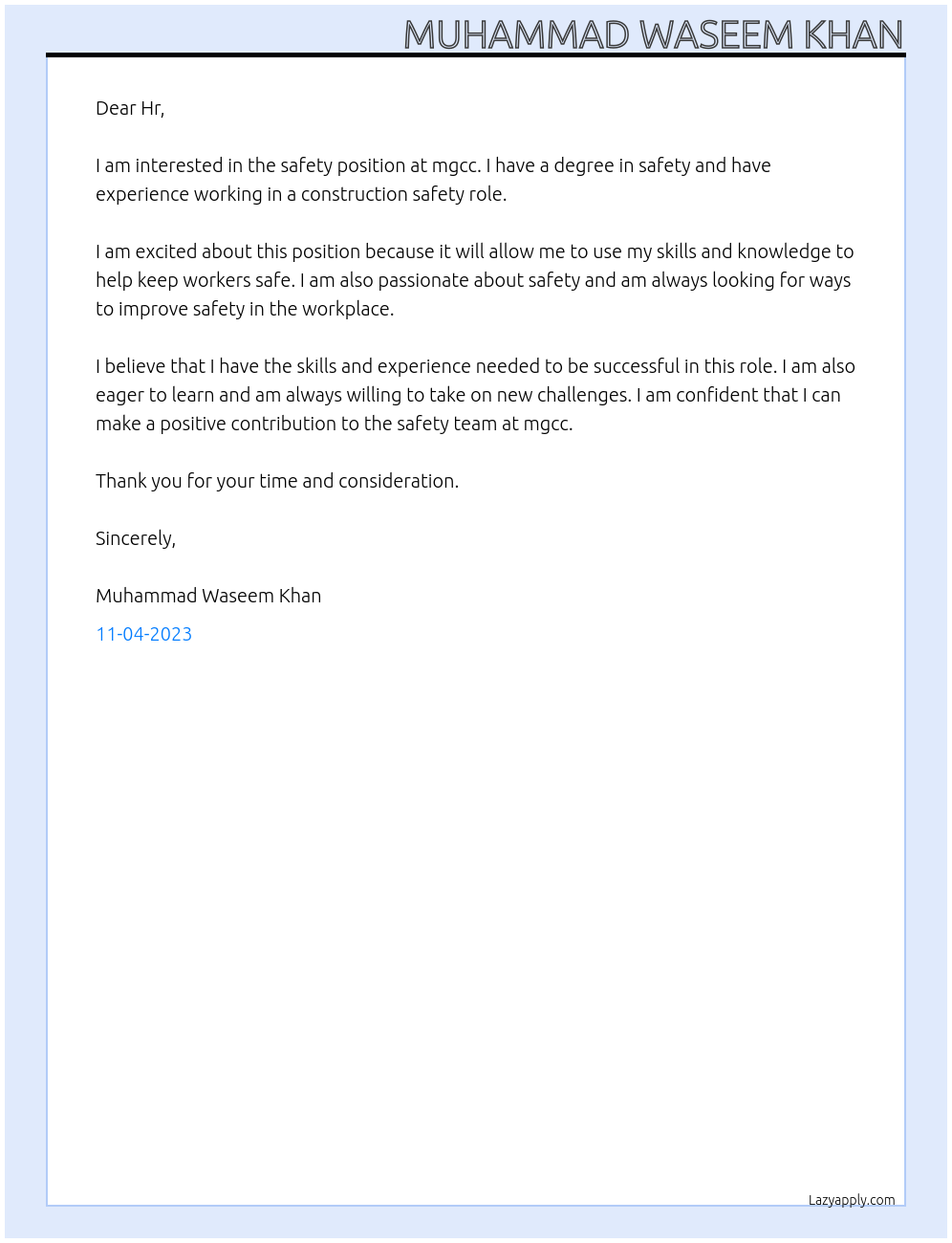 Safety At mgcc Cover Letter