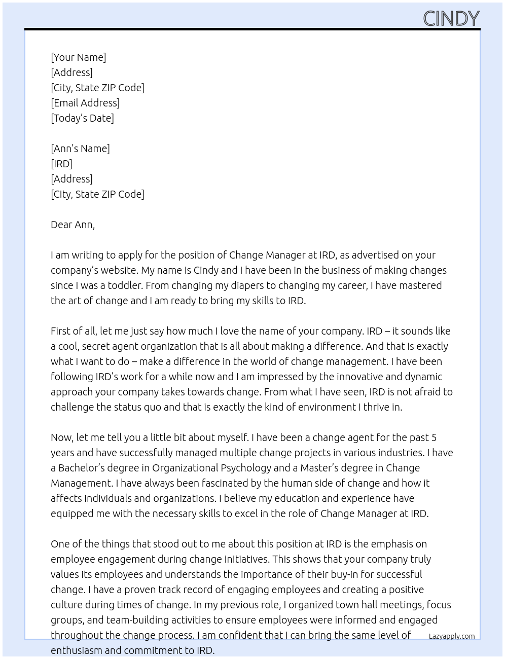 change manager At ird Cover Letter