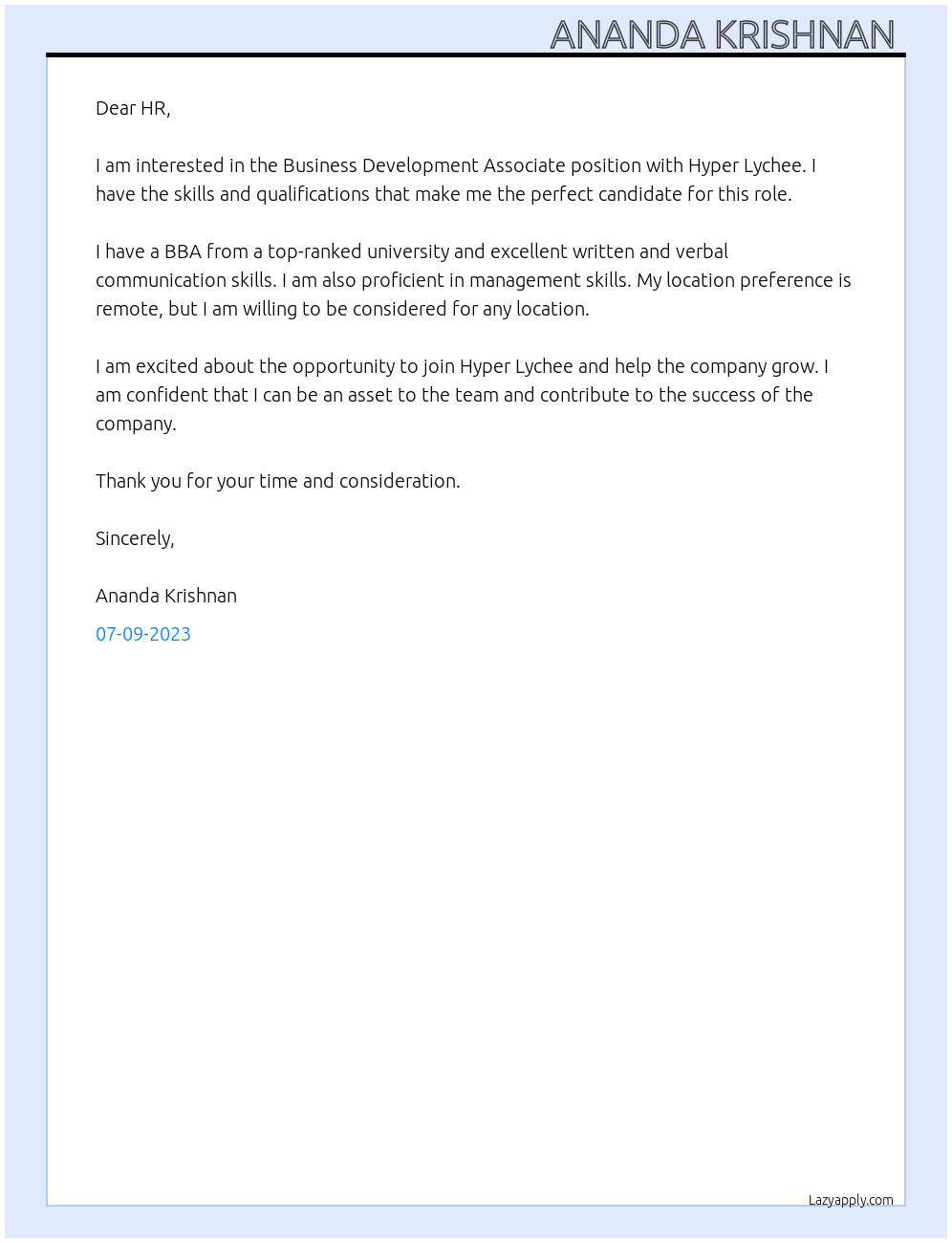 Business development associate At Hyper Lychee Cover Letter