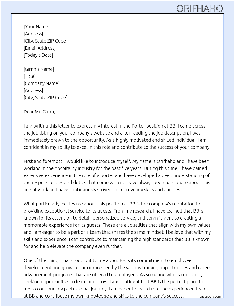 Porter At Bb Cover Letter