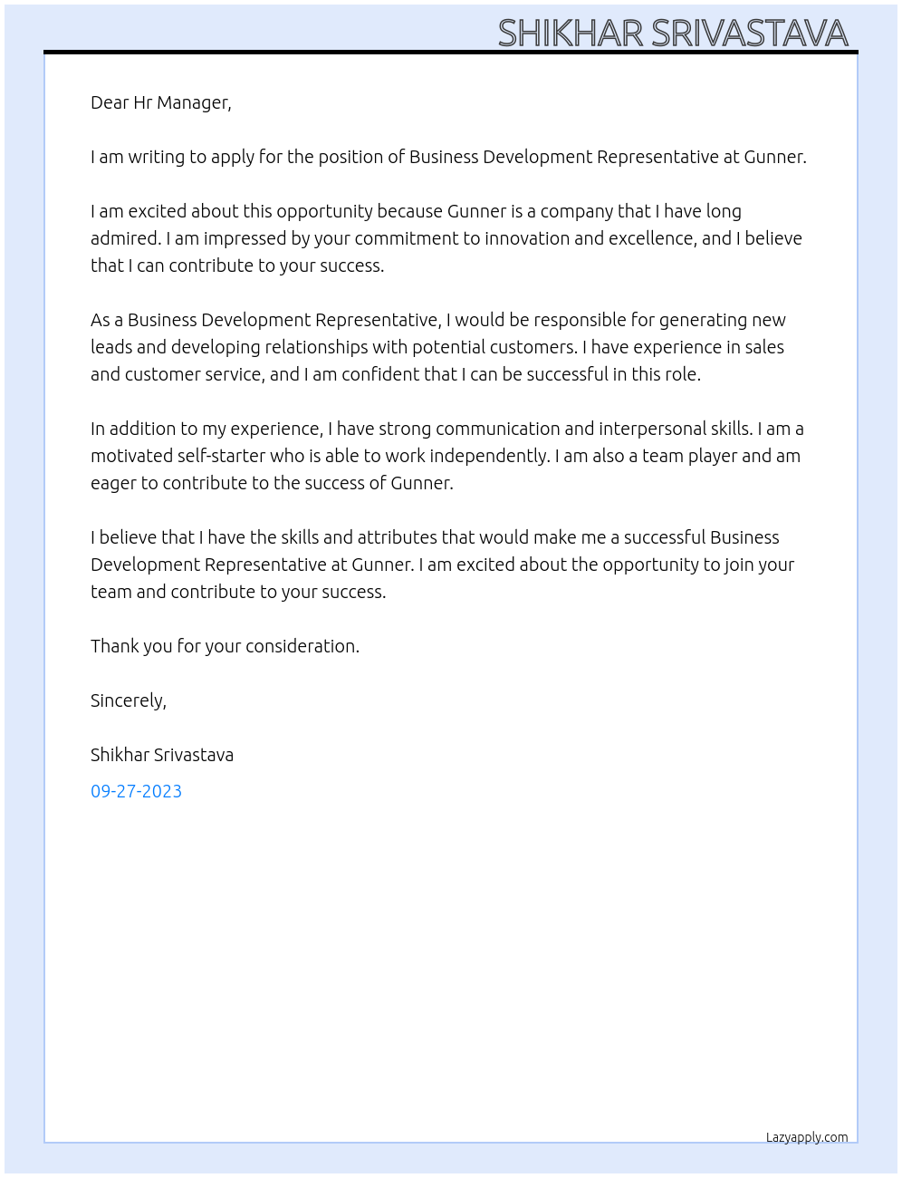 Business development representative At Gunner Cover Letter