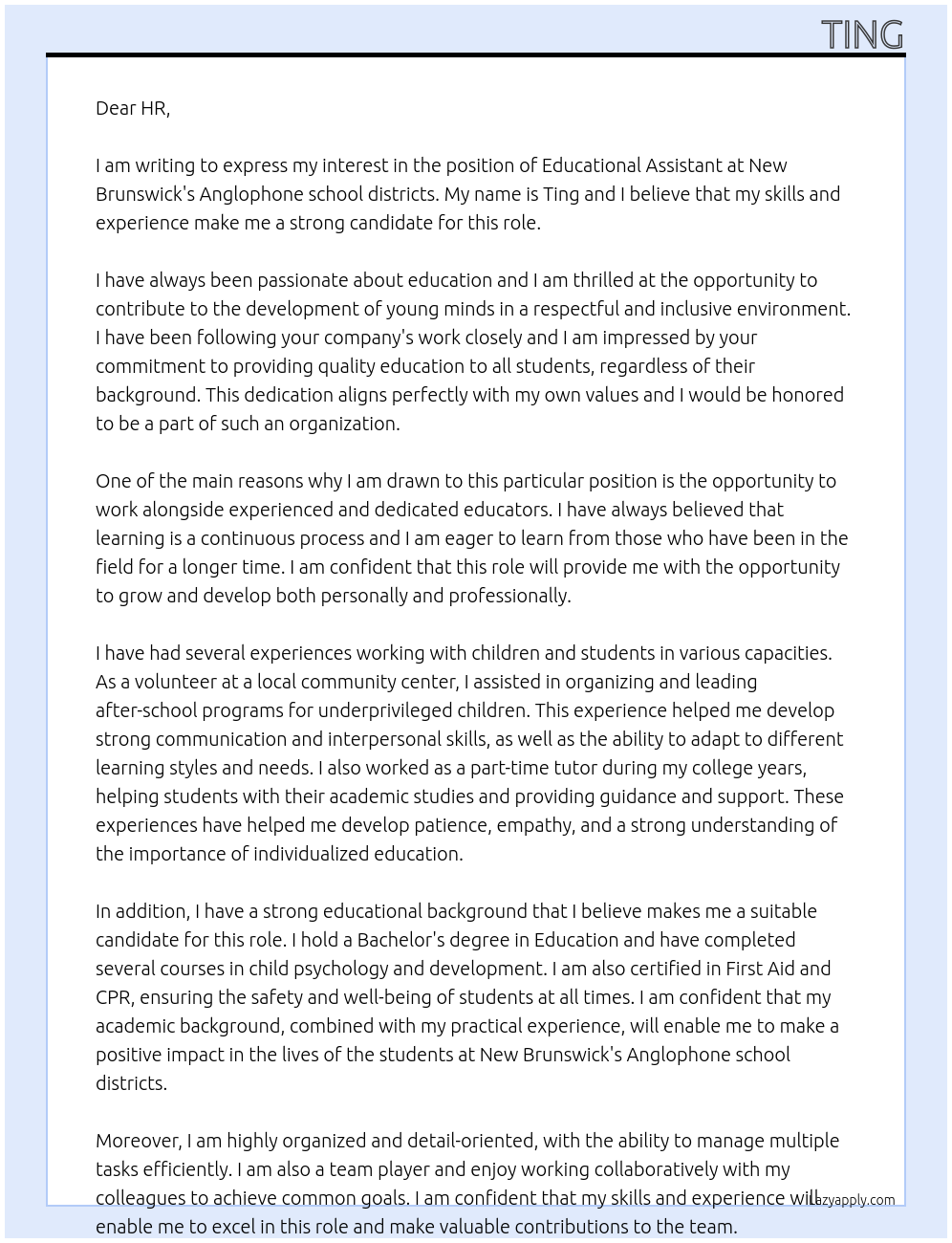 educational  assistant At New Brunswick's Anglophone school districts Cover Letter