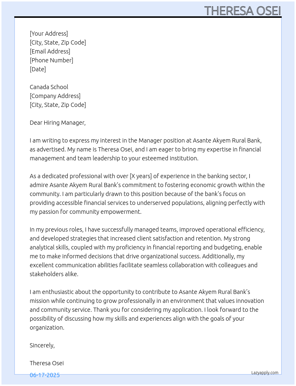 manger  At Asante Akyem Rural Bank Cover Letter