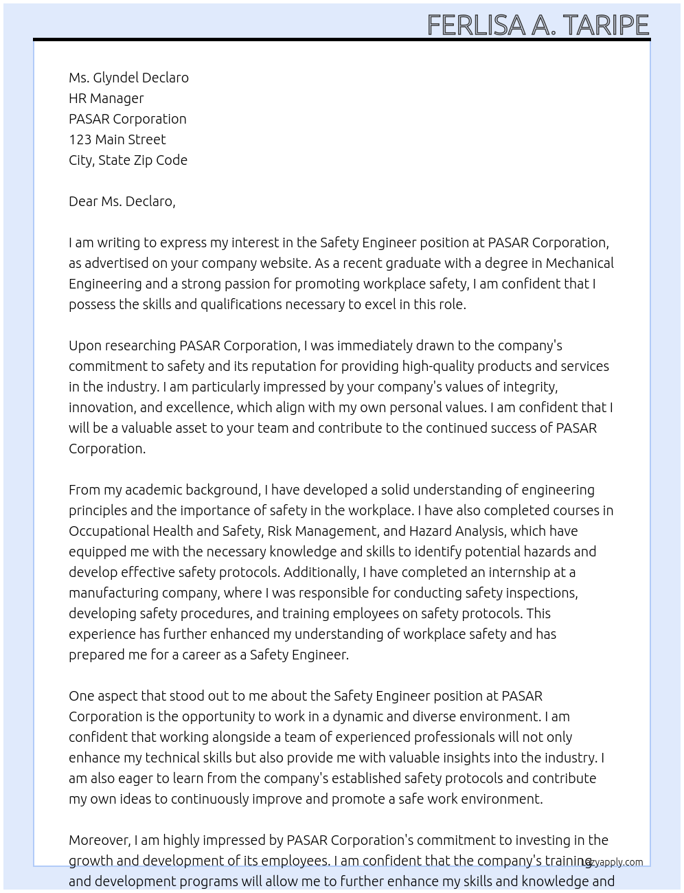 safety engineer At PASAR corporation Cover Letter